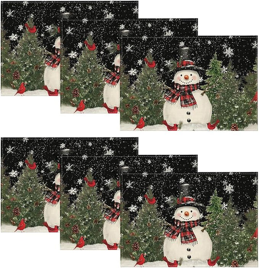 Artoid Mode Snowman Trees Blue Christmas Placemats for Dining Table, 12 x 18 Inch Seasonal Black Winter Birds Xmas Holiday Washable Table Mats Set of 6