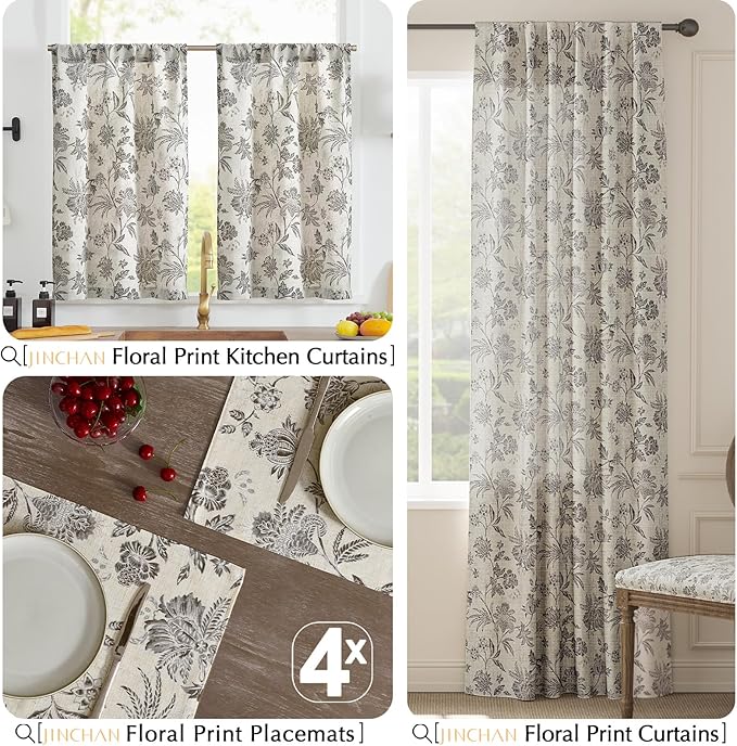 JINCHAN Linen Floral Fall Placemats Set of 4 Cloth Table Mats Rustic Cottagecore Jacobean Outdoor Seasonal for Kitchen Dining Table Decor Non-Slip Washable Tablemats 13x19 Inch Grey