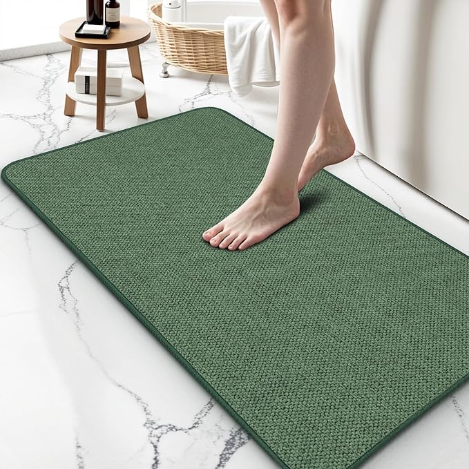 Upgraded Thin Bathroom Rugs, Bath Mat Super Absorbent, Bath Rugs Rubber Backing Non-Slip, Quick Dry Machine Washable, Cozy Cloth Bathroom Mat fit Under Door/Sink/ Bathtub/Shower/Kids 20''x24''-Green