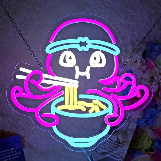 Octopus Eat Ramen Neon Sign for Room Wall Decor Japanese LED Neon Light Restaurant Cafe Decor Man Cave Game Room Wall Art 13.4"×12.6"