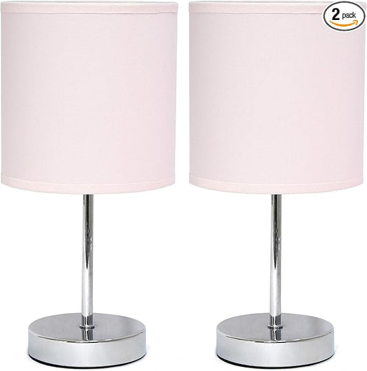 Simple Designs LT2007-BPK-2PK Chrome Mini Basic Table Lamp with Fabric Shade 2 Pack Set, Blush Pink