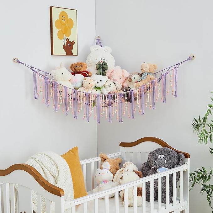 Pretty Jolly Stuffed Animal Storage Hammock with Wooden Beads Corner Hanging Net Boho Tassel for Toy Plush Holder for Kid Room Nursery Decor Wall Display Organizer for Girls Boy Gift(Purple)
