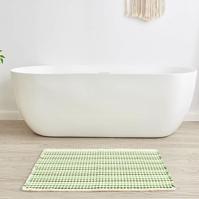 Douceur Boho Bath mat for Bathroom Floor Non Slip, Acrylic Blend Cute Bath Mats with Tassels, Quick Dry Bath mats Machine Washable, 24" x 36", Green