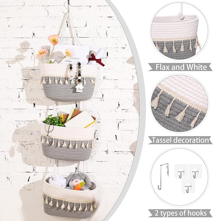 Over The Door Hanging Basket Boho Woven Wall Hanging Baskets 3-Tier Cotton Wall Mounted Storage Organizer Bag Macrame Decorative Hanging Baskets for Kitchen Laundry Room Stairs(Gray, White)