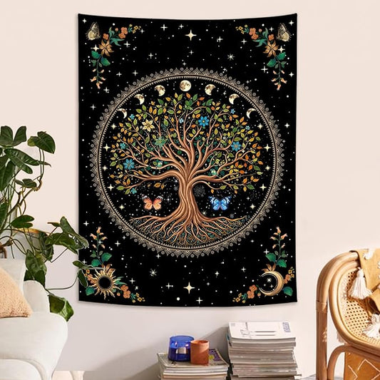 Lunerfex Tree of Life Tapestry Moon Phase Wall Tapestry, Green Tapestries for Bedroom Ceiling Tapestries Wall Hanging for Bedroom Living Room Wall Decor Tree-4 60"x80"