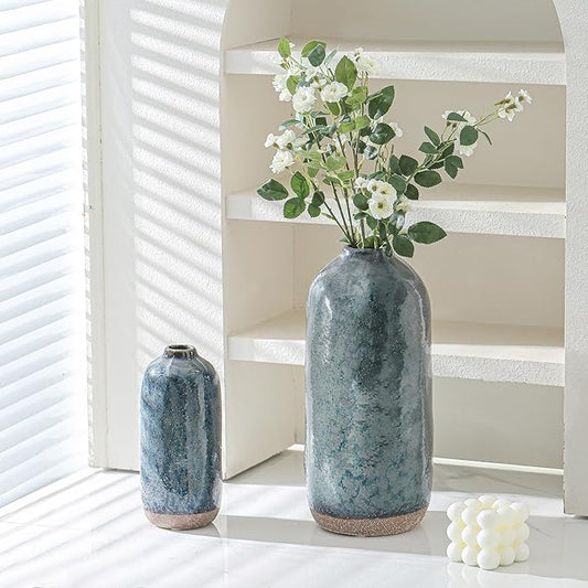 Flower Vase,Grey Blue Ceramic Vases Set of 2,Flower Vase for Home Decor,Decorative Vase for Pampas Grass, Boho Decorative Vase for Home Living Room Dining Table Farmhouse Office Decor