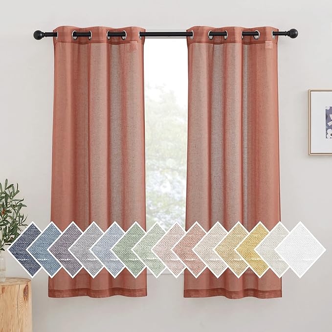 NICETOWN Burnt Orange Linen Curtains 63 inch Length 2 Panels Set, Grommet Semi Sheer Window Drapes Linen Blend Rustic & Casual Privacy with Light Filtering for Bedroom/Flat, W36 x L63