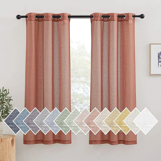 NICETOWN Burnt Orange Linen Curtains 63 inch Length 2 Panels Set, Grommet Semi Sheer Window Drapes Linen Blend Rustic & Casual Privacy with Light Filtering for Bedroom/Flat, W36 x L63