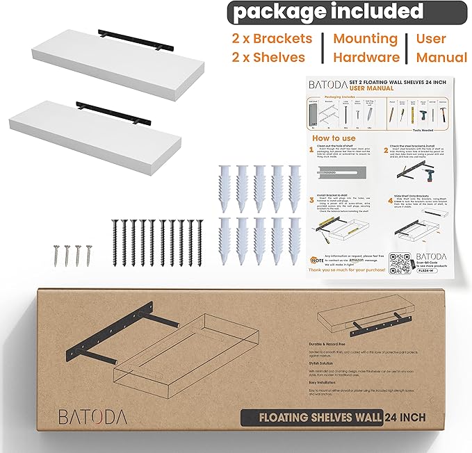 BATODA Set of 2 24" White Floating Shelves Wall Mounted for Bathroom – Wooden Decorative Wall Bookshelf - Storage Shelf Organizer for Home, Bedroom, Kitchen - Black Bracket, Shelving Mounting Included