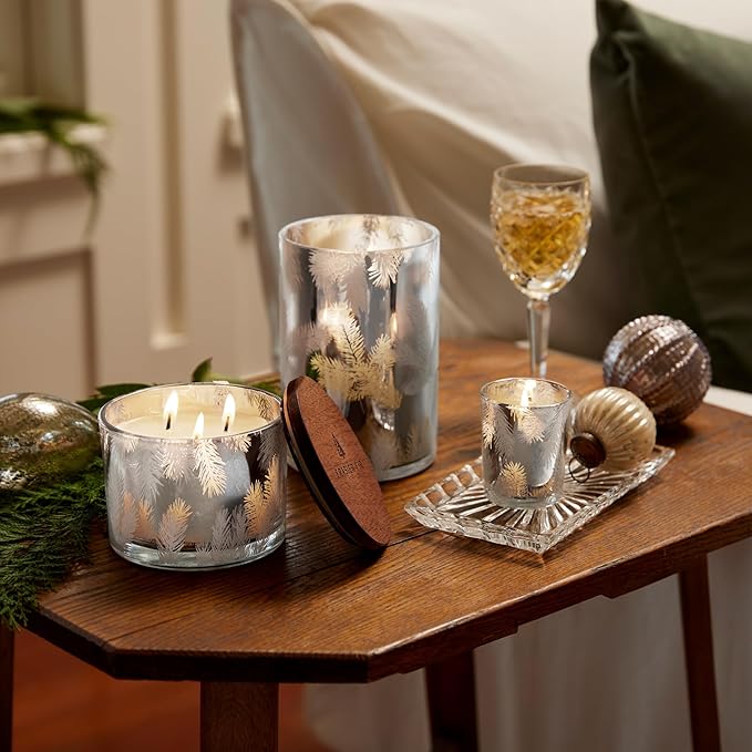 Thymes Frasier Fir Candles - Statement Collection - Silver with Pine Needle Design - Scented Candles for Home Decor - Notes of Siberian Fir Needles, Cedarwood & Sandalwood - 3 Wick (12.5 oz)