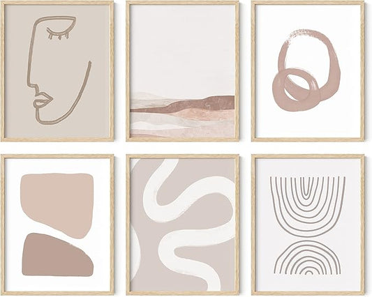 HAUS AND HUES Framed Beige Boho Art Wall Decor - Set of 6 Neutral Mid Century Modern Wall Art, Minimalist Wall Art, Neutral Wall Decor, Beige Boho Posters for Room Aesthetic (Framed Beige 11x14)