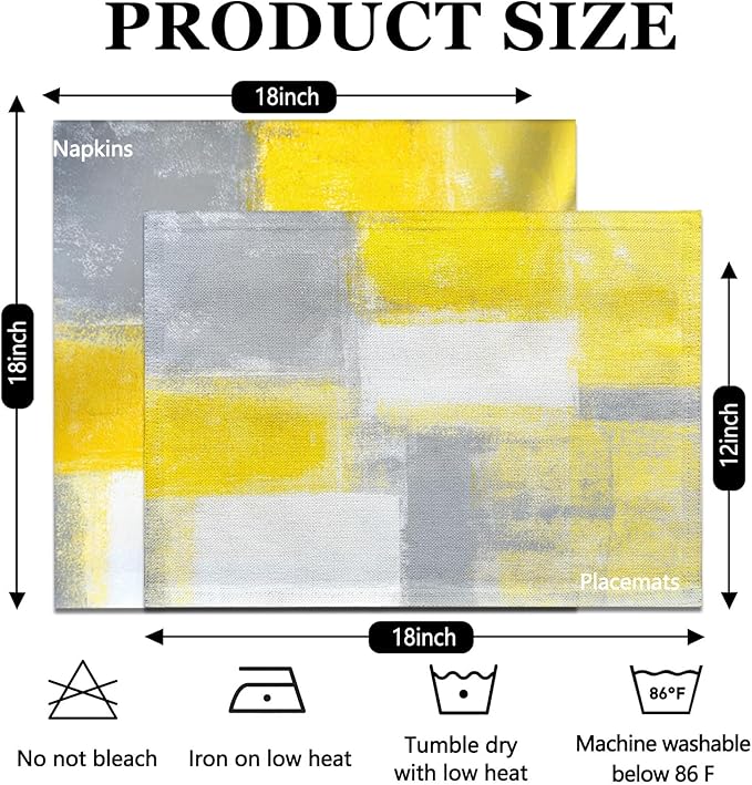 MCALK 4 Each Yellow Placemats and Cloth Napkins Set of 8, Modern Abstract Art Painted Placemat for Home Kitchen Decor (Placemats 18 "x12 Cloth Napkins 18 "x18)