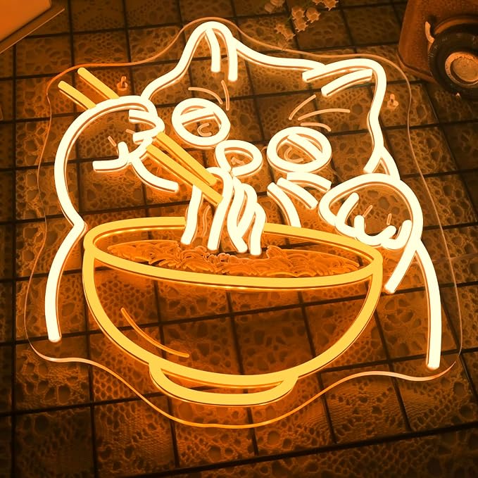 Ramen Cat Neon Sign Wall Decor, Cat Noodles Led Food Sign Dimmable Noodle Anime Fortune Cat Light Up Suitable For Baby Girls Room Japanese Resturant Home Bar Kitchen Dinning Bedroom Art Decor Gifts