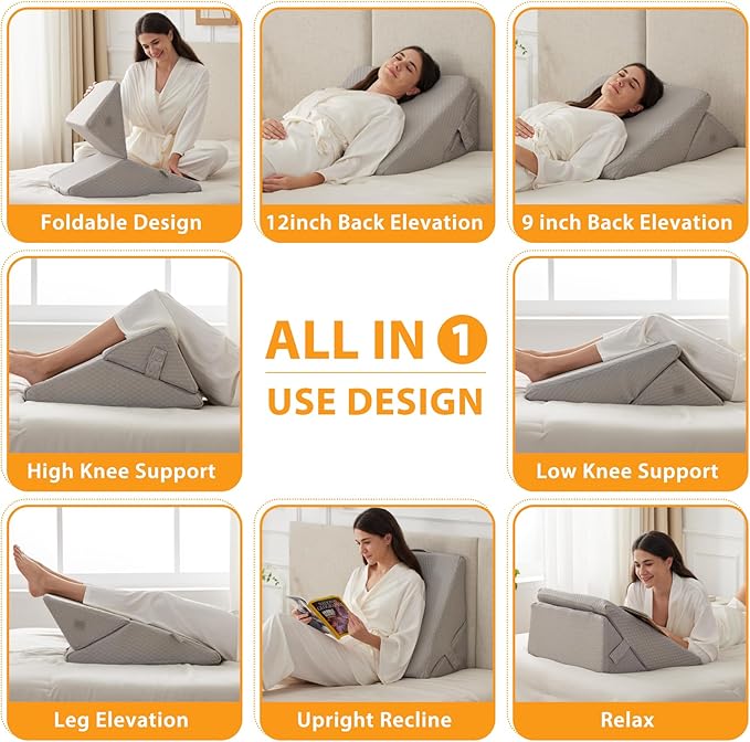Bed Wedge Pillow for Sleeping, 9&12 Inch Wedge Pillow for Back Pain Relief, Adjustable 7-in-1 Memory Foam Triangle Pillow for Back and Leg Support, Acid Reflux, Snoring & Gerd, Grey
