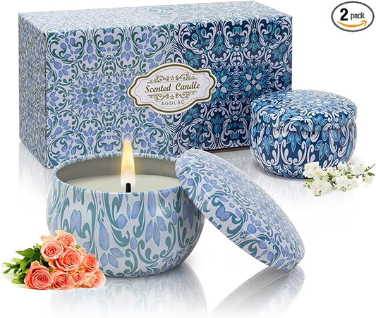 Scented Candles, 2 Pack 2.5 oz Natural Soy Wax Candles, Jasmine Rose Aromatherapy Candles, Portable Small Relaxing Candles Set for Spa, Bath, Yoga