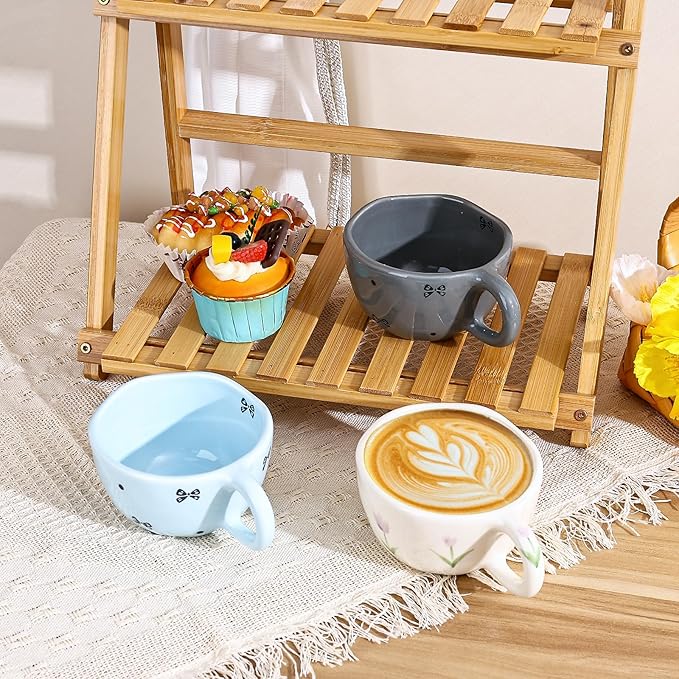Koythin Ceramic Coffee Mug, Handmade Hot Chocolate Mugs, Cute Cup for Girl Women, Aesthetic Tea Milk Cup with Handle, 8.5 oz/250 ml for Latte, Cocoa, Office, Home (Blue Small Bow)