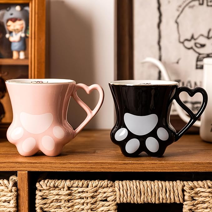 Cat Paw Coffee Mug - Pink and Black Set of 2, Perfect for Cat Lovers, Enjoy Your Coffee with These Cute Cat Paw Mugs, 10oz, Couple&Wedding, Best Festival Gifts(Black&Pink)