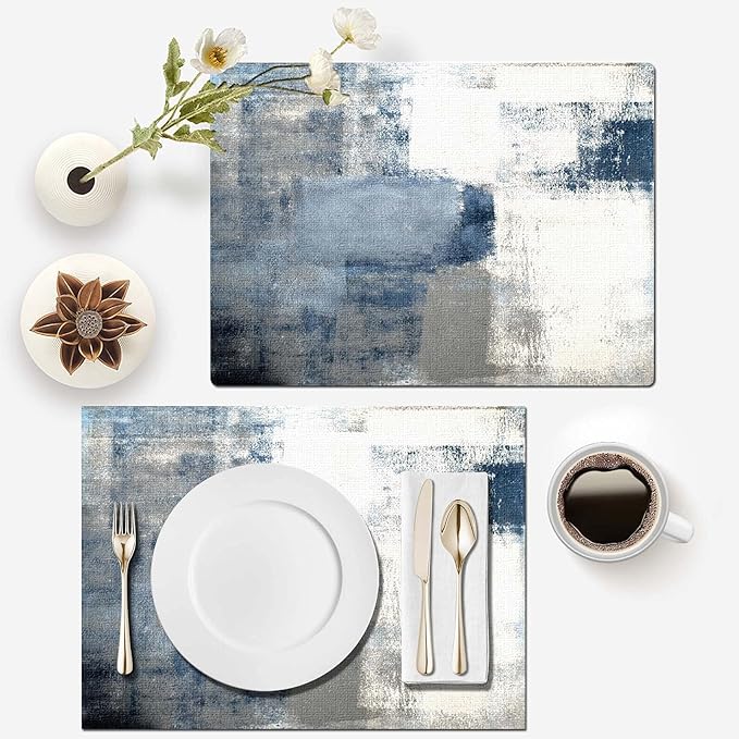 Mcalk Dusty Blue Table Runner and Placemats Set of 6 Pieces, Pink Flower Placemats Modern Art,Abstract Art Cloth Place Mats Indoor for Kitchen,Washable Placemats Linen Material for Dining Table
