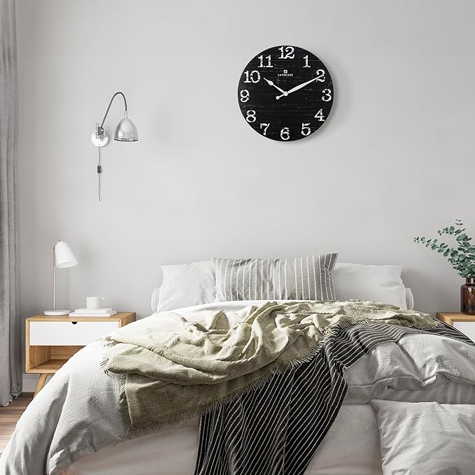 Lafocuse 12 Inch Silent Black Wall Clocks for Kitchen Living Room Decor, Wooden Rustic Wall Clock Battery Operated, Decorative Farmhouse Clock