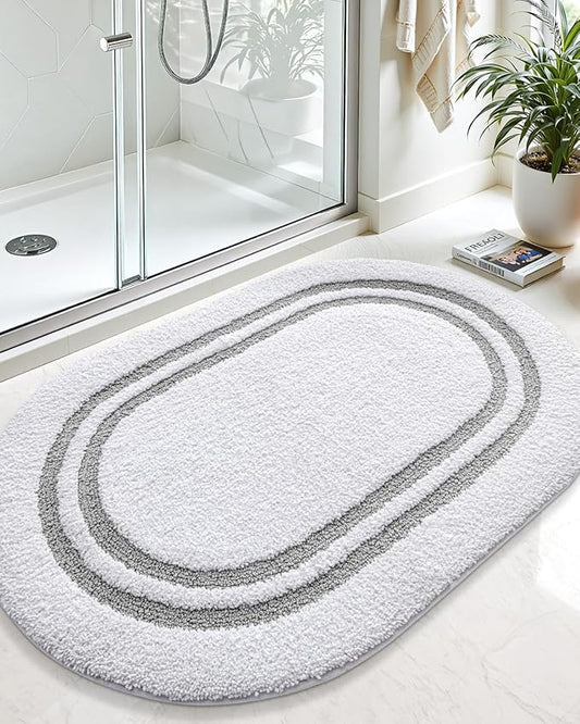 DEXI Oval Bath Mats for Bathroom, 24x36 Absorbent Bath Mat, Washable Microfiber Bathroom Rug with Non Slip Backing for Shower Floor, Light Grey