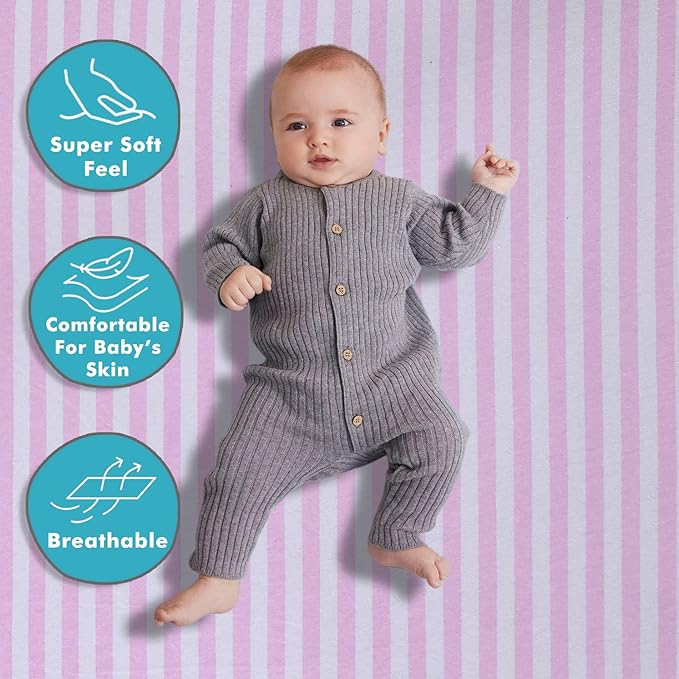 100% Cotton Jersey Knitted Standard Crib Sheets for Boys and Toddler, Soft and Breathable, Crib Sheets Girl Snug Fit, Machine Washable, Multiple Colors (P1, Pink Stripe,28"x52"x9")