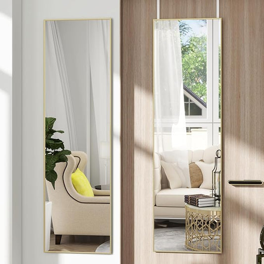 Over The Door Full Length Mirror, Wall Mounted 14"x 48" Full Body, Back of Door Hanging for Bedroom Living Room, Gold