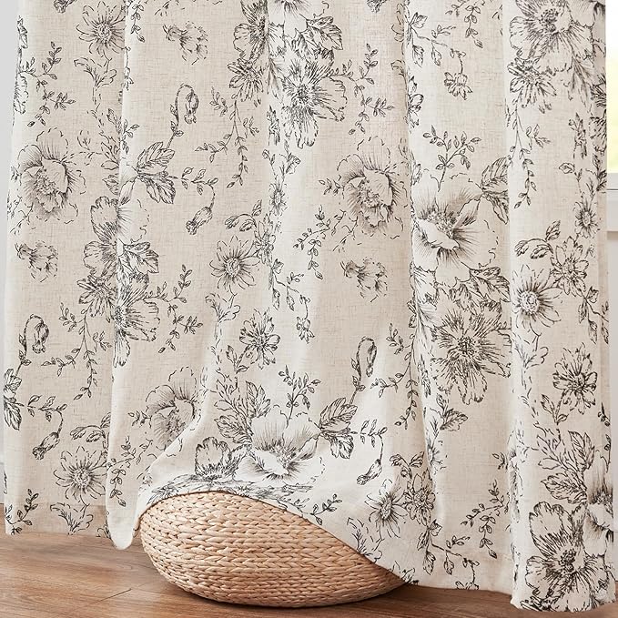 jinchan Lined Linen Blend Curtain Floral Curtains for Living Room 108 Inches Extra Long Black Peony Flower Printed Curtain Back Tab Farmhouse Patterned Drapes Bedroom Window Curtain Set 2 Panels