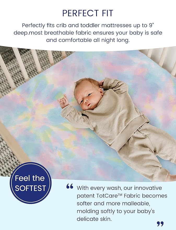 TotAha Premium Stretchy Crib Sheets (2-Pack)-Hypoallergenic, Silky Comfort, Buttery Soft, Calming Effect, All-Season Jersey-Knit Sheets, 28 X 52 X 9'' (Rainbow & Tie dye)