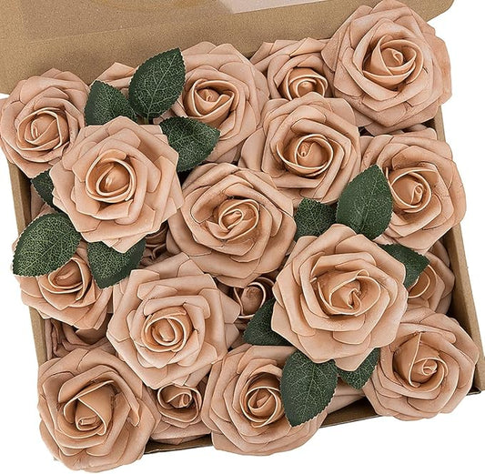 N&T NIETING Artificial Flowers, 25pcs Foam Roses Fake Flowers for DIY Wedding Bouquet Party Baby Shower Decoration, Home Display, Dusty Brown