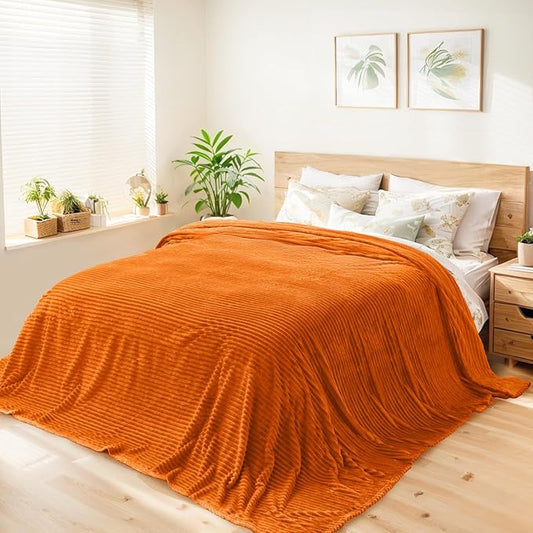 Vessia Flannel Fleece Queen Size Blanket for Bed,Couch,Sofa(90x90 inch), 300GSM Microfiber Burnt Orange Striped Bed Blanket for Adults, Super Soft Warm Cozy Lightweight Ribbed Decor for All-Season