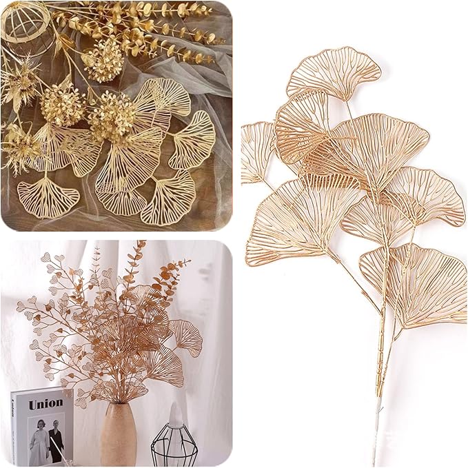 Artificial Golden Plants Fake Gold Ginkgo Leaves - Tall 27Inch 2 Pack, Faux Apricot Leaf Christmas Decor Plant Simulation Bushes for Indoor Outdoor Xmas Party Wedding Table Centerpiece DIY Decoration
