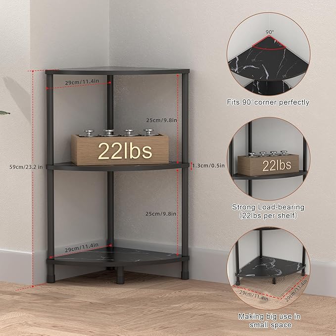 Book Small Corner Shelf, 3 Tier Corner Bookshelf Display for Living Room Decor, 23.2" Standing Shelf Bookcase Organizer, Black Storage Shelves for Bedroom, Bathroom, Small Space