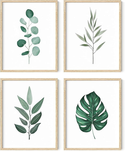 HAUS AND HUES Plant Wall Art - Botanical Prints Wall Art, Green Wall Art Collection Set Plant Pictures Wall Art, Leaves Paintings Minimalist Sage Green Wall Decor (Beige Frame, 11x14)
