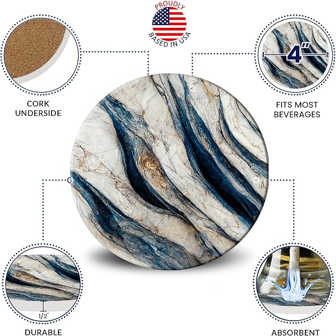 Emerson Coasters for Drinks Absorbent – Set of 6 with Holder, 100% Ceramic Wooden Tabletop Protection Marble Style - Non Slip & Cork Bottom - Heavy Duty (Blue Marble)