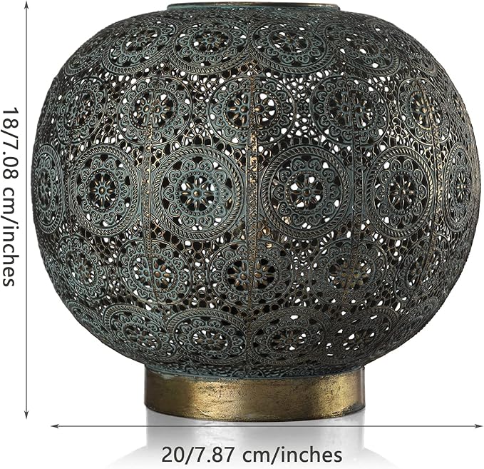 Moroccan Mosaic Table Lamp Metal Turkish Moroccan Lamp Handmade Mosaic Bedside Lamp Nightstand Lamp with Vintage Patina Green Globe Lampshade, for Bedroom Living Room Decor, Size 7" H &7.8" D