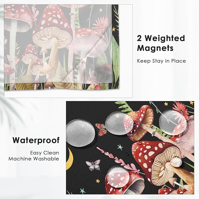 Mushroom Floral Flower No Hook Shower Curtain with Snap in Liner, Red Black Leaf Moon Bath Curtain with Double Layers Waterproof Fabric and Mesh Top Window 71x74 Inch