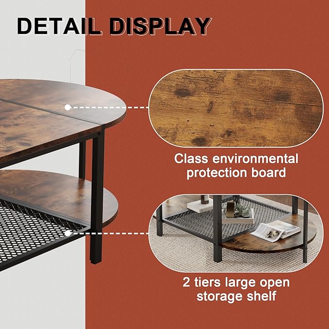SENIG Oval Coffee Table with Rustic Wood Finish, 2-Tier Storage Shelf and Metal Frame, Living Room Center Table Modern, Vintage Brown