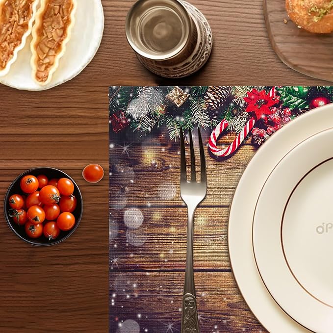 Christmas Placemats Set of 6,Washable Heat Resistant 12×18 Inch Linen Table Mats Wooden Place Mats for Party Outdoor Dining Décor