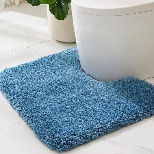 ILANGO Blue Toilet Rugs U Shaped 22" × 24" Non Slip & Super Absorbent Extra Thick Soft, Washable Bath Mats for Bathroom Floor, Microfiber Plush Shaggy Contour Bath Rugs for Toilet,Dry Quick