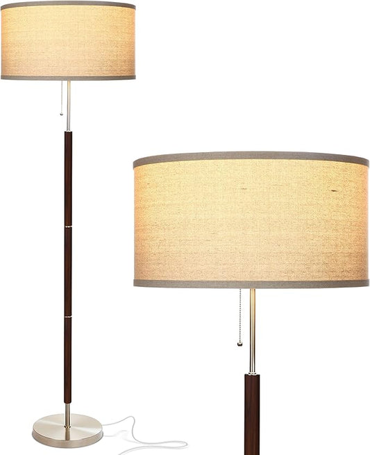 Brightech Carter LED Floor Lamp, Walnut Wood Finish, Mid-Century Modern Drum Shade for Living Room & Office Decor