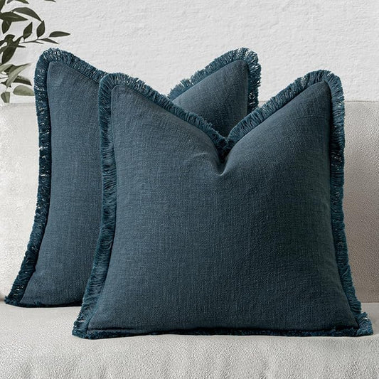 MIULEE Decorative Throw Pillow Covers Neutral Linen Fringe Throw Pillows Set of 2 Navy Blue Boho Farmhouse Cushion Covers with Tassels for Couch Sofa Bed Living Room Spring Home Decor 16x16 Inch