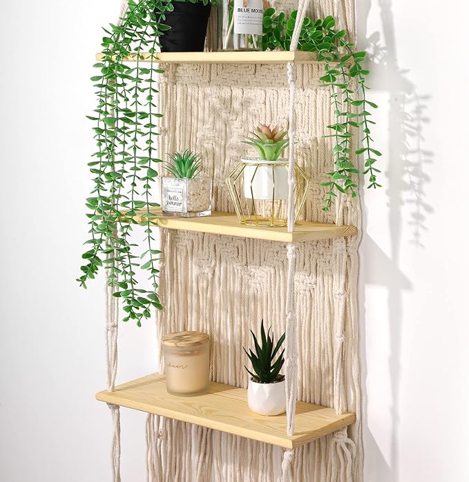 Macrame Wall Hanging Shelf for Decor, Boho Bathroom - Bohemian Decor Bedroom, Living Room 3 Tier Small Plants, Handmade Large Eclectic Home-（White）