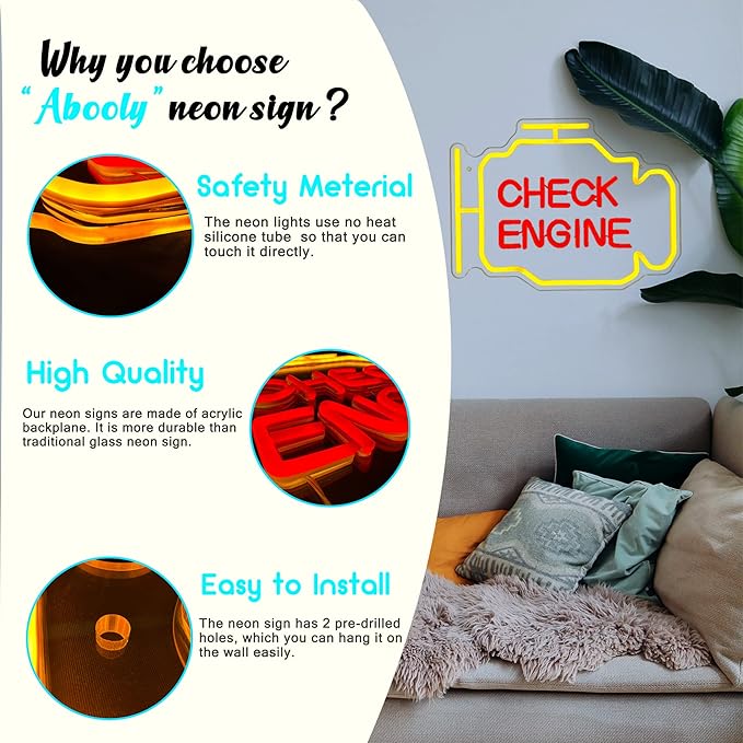 Check Engine Neon Signs for Wall Decor, Personalized LED Neon Garage Signs Car Check Neon Lights Sign, Garage Accessories Light Up Signs for Man Cave Auto Room Repair Shop Workshop Gaming Room Party