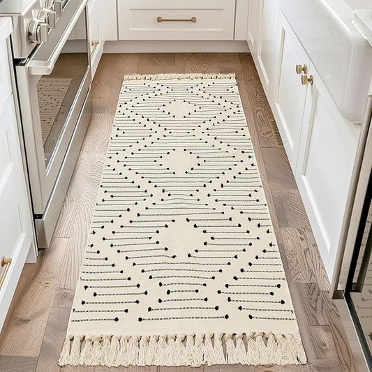 Tritard Boho Runner Rug 2x6 - Washable Hallway Rug with Tassel, Lightweight Woven Farmhouse Kitchen Runner Rugs Cotton Aztec Indoor Low Pile Thin Carpet for Entryway, Laundry, Bathroom, Beige Cream