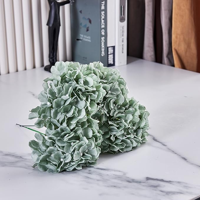 Artificial Hydrangea Flower Heads Hydrangea Silk Flowers Head for Wedding Centerpieces Bouquets DIY Floral Decor Home Decoration,Pack of 10 with Long Stems (Sage Green)