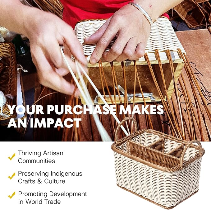 Silverware 4- compartment storage basket woven rattan- desktop basket rectangular organiser box shelves& desks decorative basket for sundries stationery cosmetics Utensil