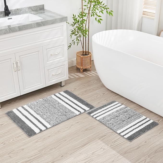 CozeCube Grey Striped Bath mats for Bathroom Non Slip, Fluffy Absorbent Microfiber Bath mat Washable, Aesthetic Bathroom Rugs, Large Bath mat for Sink, 36" x 24"