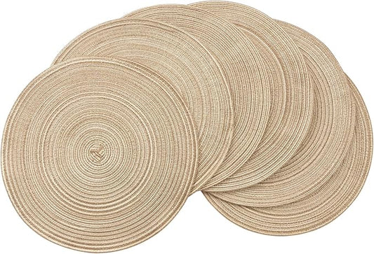 Floroom 15 Inch Round Braided Placemats Set of 6, Washable Heat Resistant Cotton Polyester Circle Place Mats for Kitchen Dining Table - Dunes Khaki
