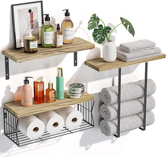 HAMITOR Floating Shelves Wall Mounted Over Toilet: Bathroom Shelf with Towel Rack Paper Holder Storage - Rustic Wood Farmhouse Shelves for Wall Decor/Bathroom