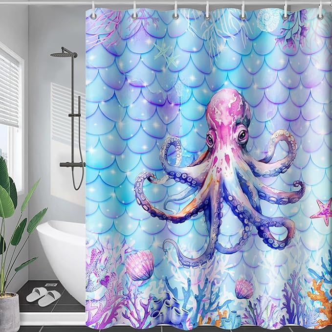 AILONEN Cartoon Octopus Shower Curtain 36"W*72"H For Bathroom, Ocean Coral Shell Fish Scale Print Bathroom Curtain for Kids Girls Women Bath Curtain Polyester Waterproof Shower Curtain With 12 Hooks